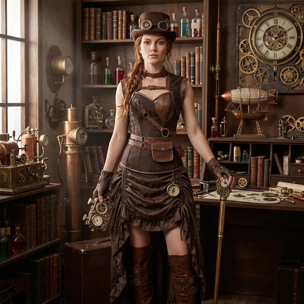 Steampunk Costume for Women, Plus Size & Petite – Faux Leather Gothic Corset & Medieval Skirt, Pirate Cosplay Outfit
