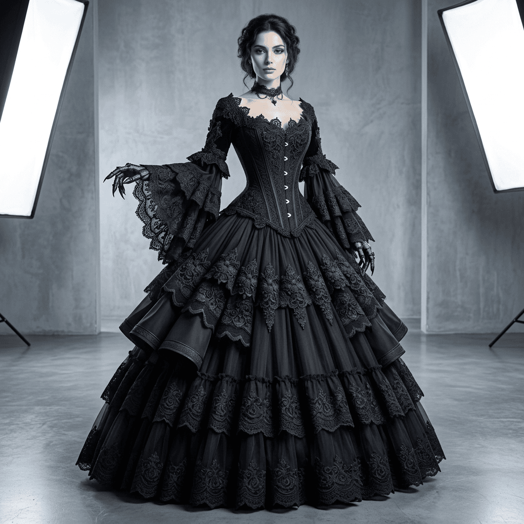 Black Gothic Wedding Dress – Vampire & Steampunk Elegance — vue 3