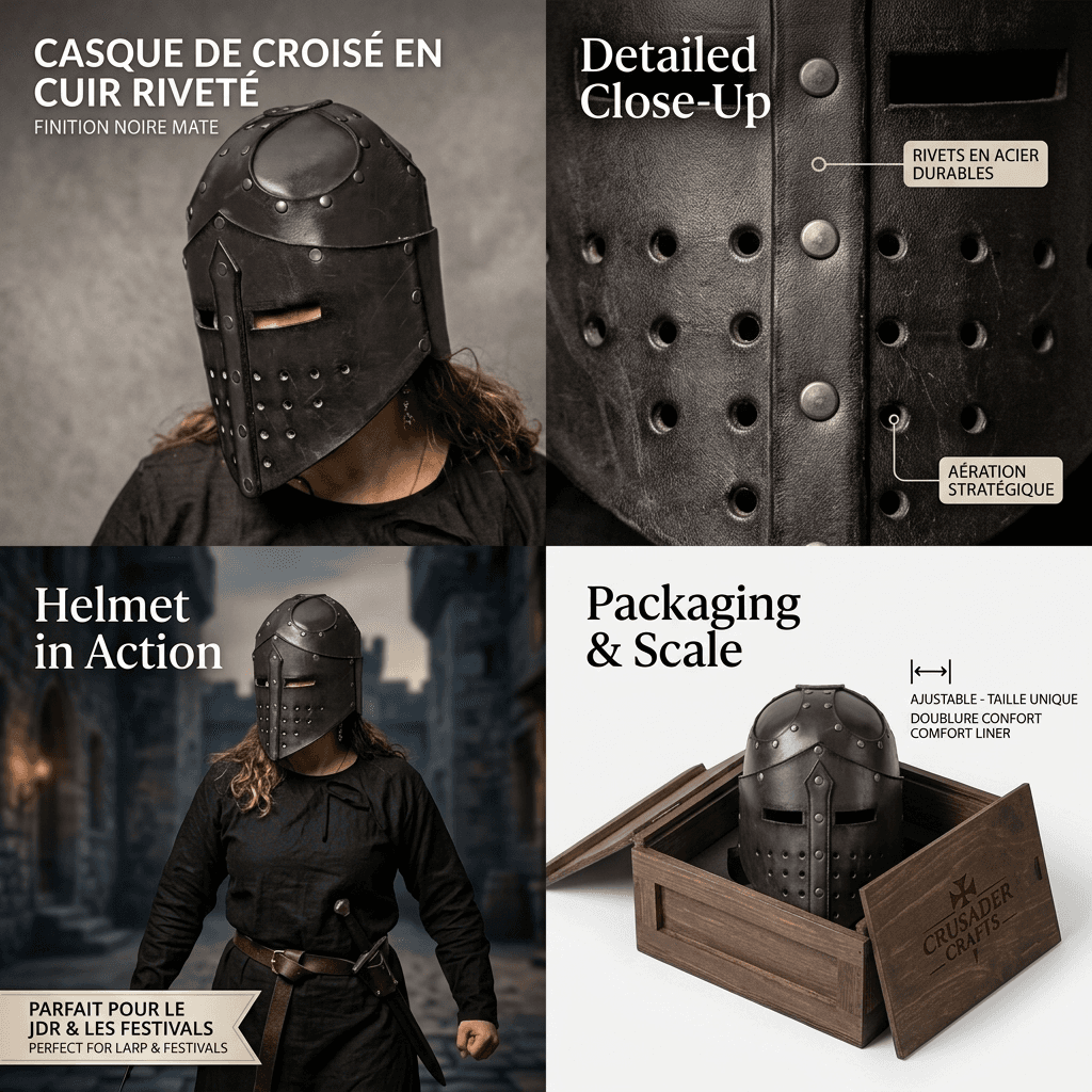 Medieval Knight & Warrior Helmet – Faux Leather Cosplay Accessory — vue 4