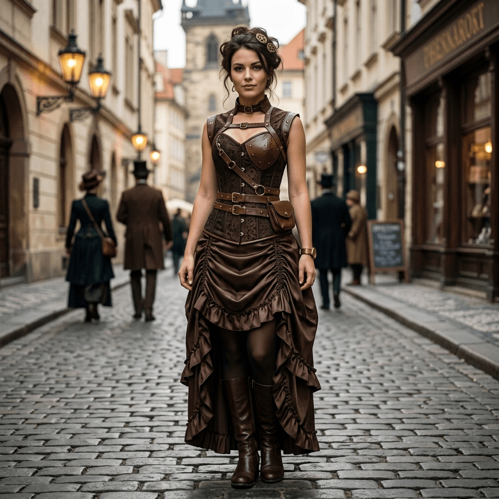 Steampunk Costume for Women, Plus Size & Petite – Faux Leather Gothic Corset & Medieval Skirt, Pirate Cosplay Outfit — vue 2