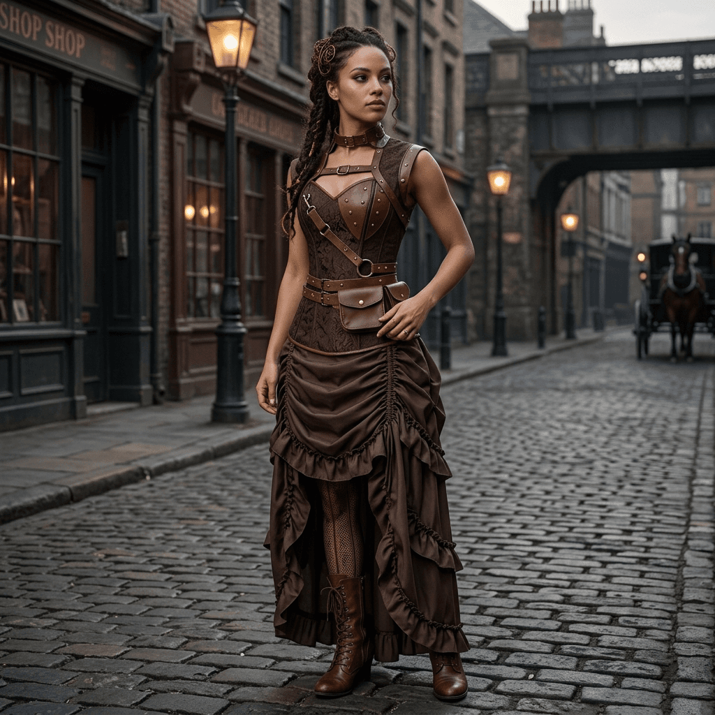 Steampunk Costume for Women, Plus Size & Petite – Faux Leather Gothic Corset & Medieval Skirt, Pirate Cosplay Outfit — vue 3