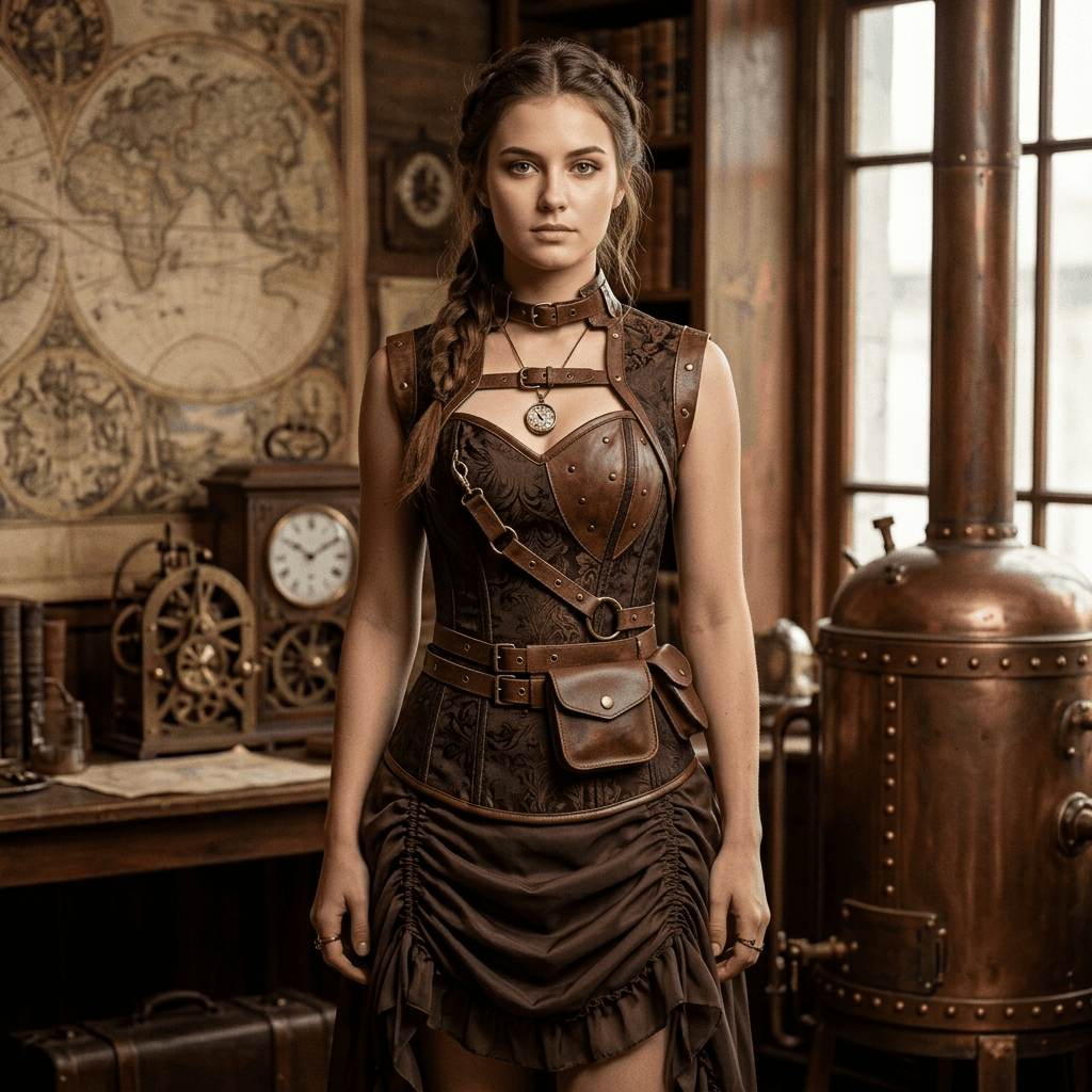 Steampunk Costume for Women, Plus Size & Petite – Faux Leather Gothic Corset & Medieval Skirt, Pirate Cosplay Outfit — vue 4