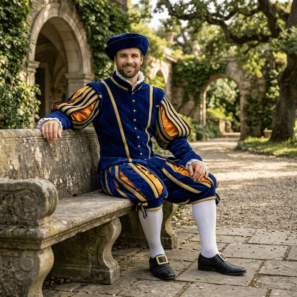 Renaissance Tudor Costume for Men, Henry VIII Inspired Medieval King Suit, Royal Blue Velvet Doublet & Breeches, Elizabethan Court Costume