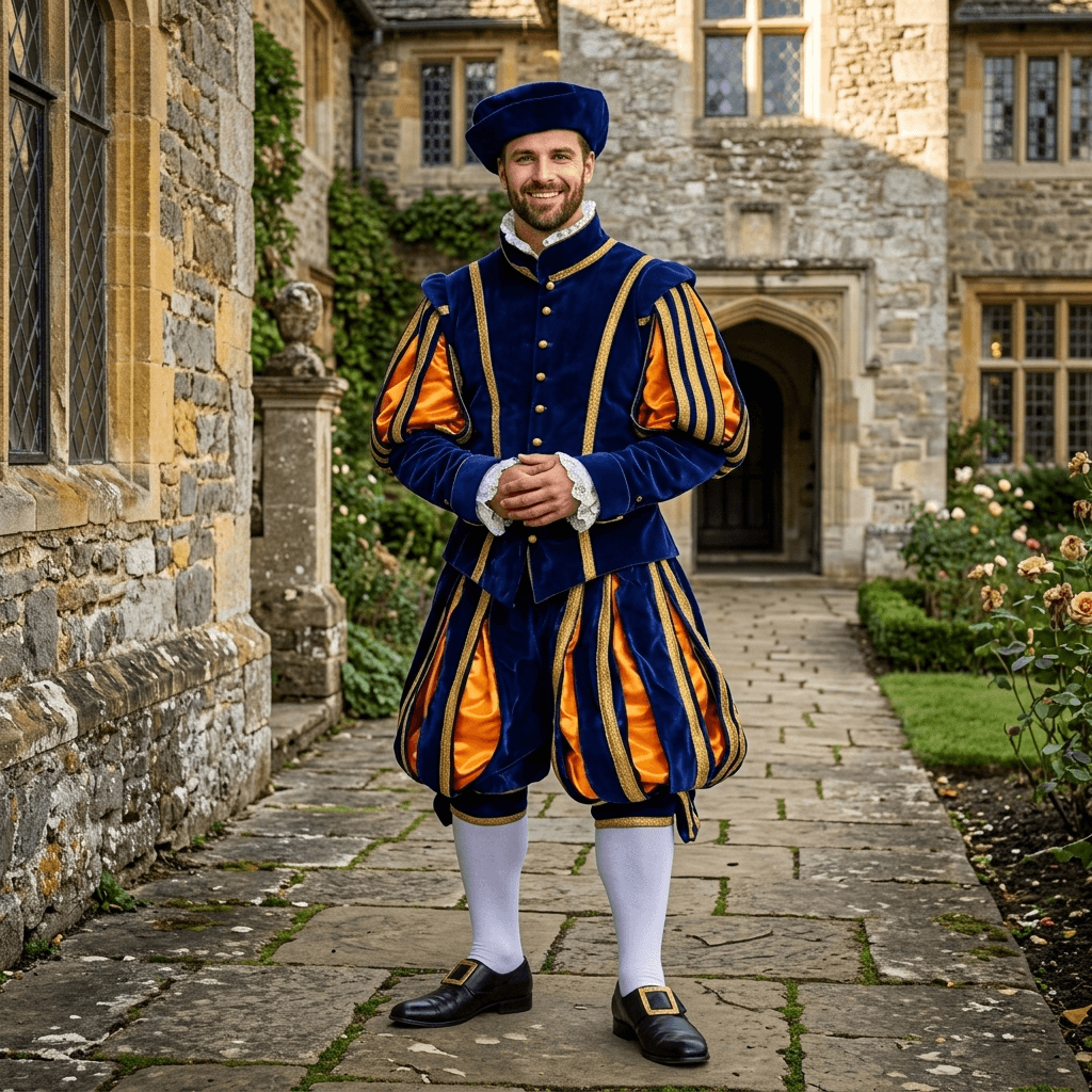 Renaissance Tudor Costume for Men, Henry VIII Inspired Medieval King Suit, Royal Blue Velvet Doublet & Breeches, Elizabethan Court Costume — vue 2