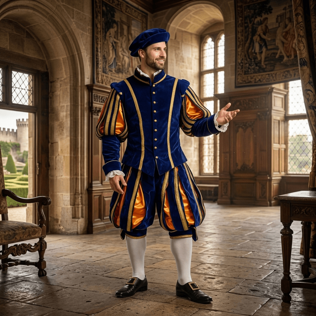 Renaissance Tudor Costume for Men, Henry VIII Inspired Medieval King Suit, Royal Blue Velvet Doublet & Breeches, Elizabethan Court Costume — vue 3